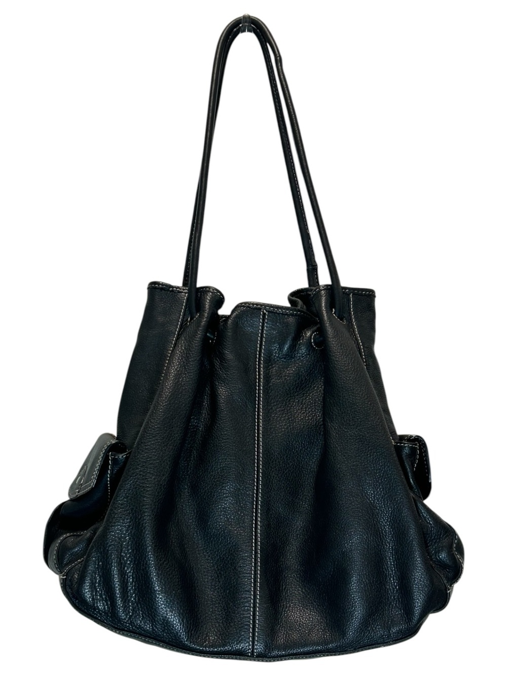 VTG Oversized Black Leather Slouchy Drawstring Hobo Bag w/ Exterior Flap Pockets